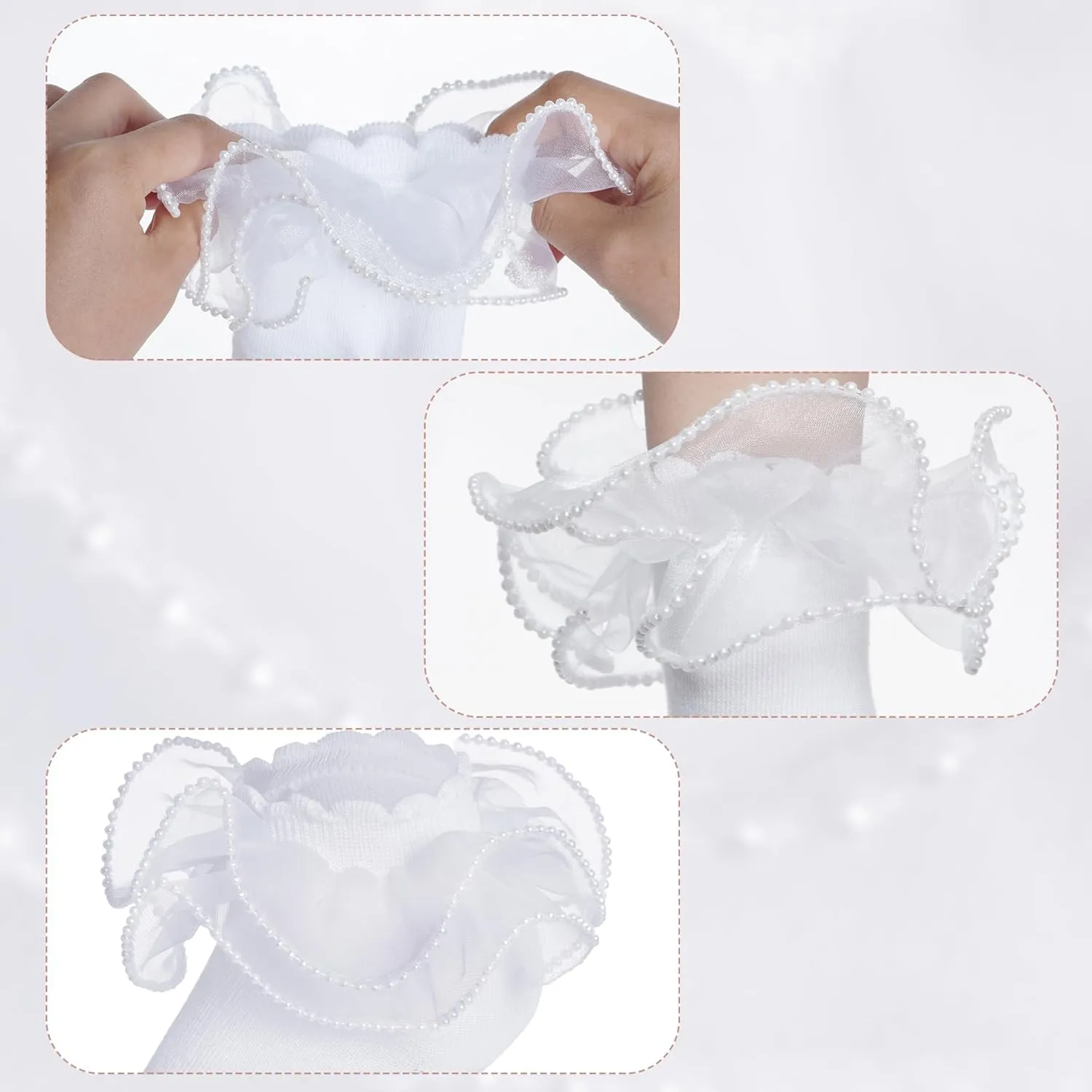 2 Pack Girls Frilly Ruffle Socks Cute Pearls Lace Socks for Toddler Little Girls Dress and Daily