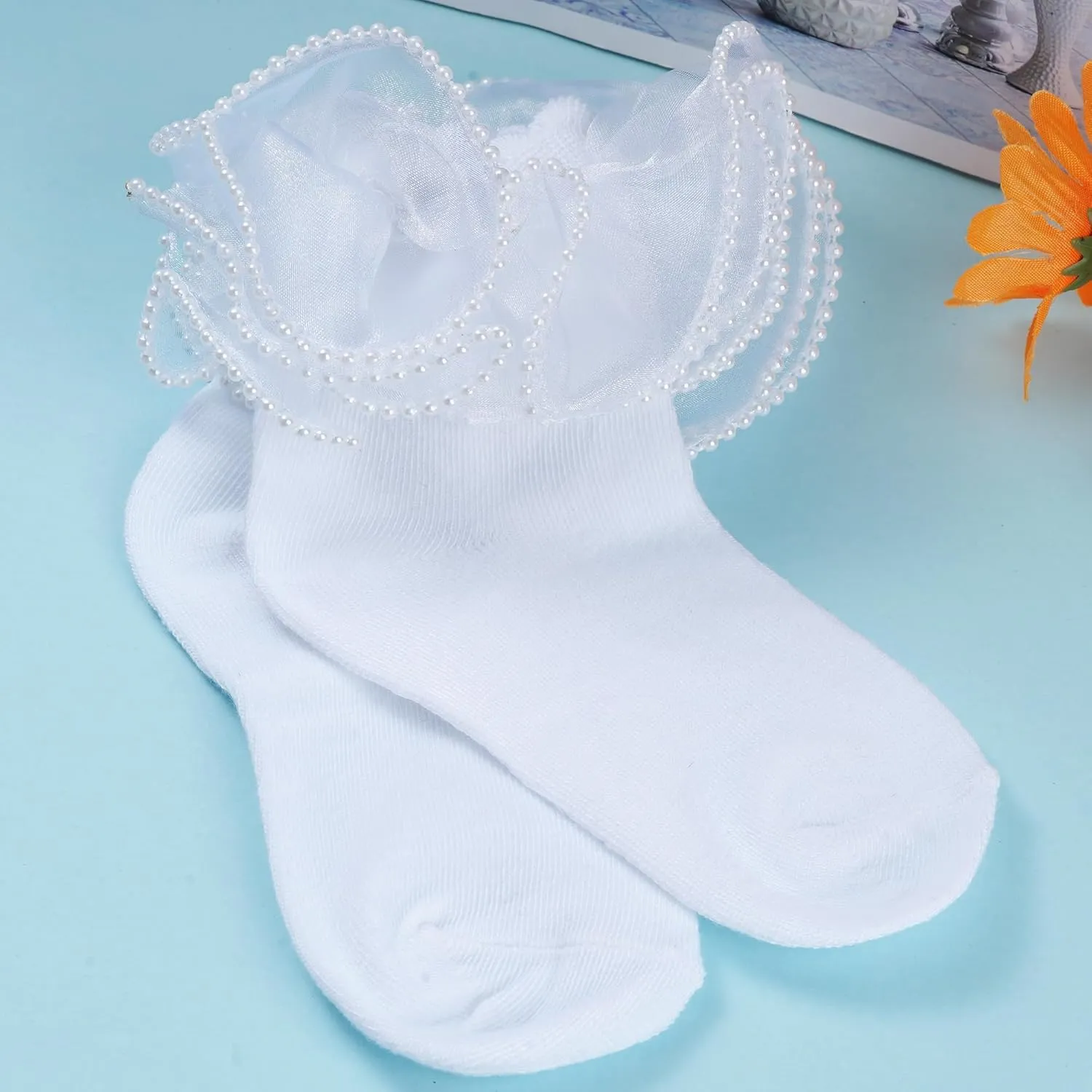 2 Pack Girls Frilly Ruffle Socks Cute Pearls Lace Socks for Toddler Little Girls Dress and Daily