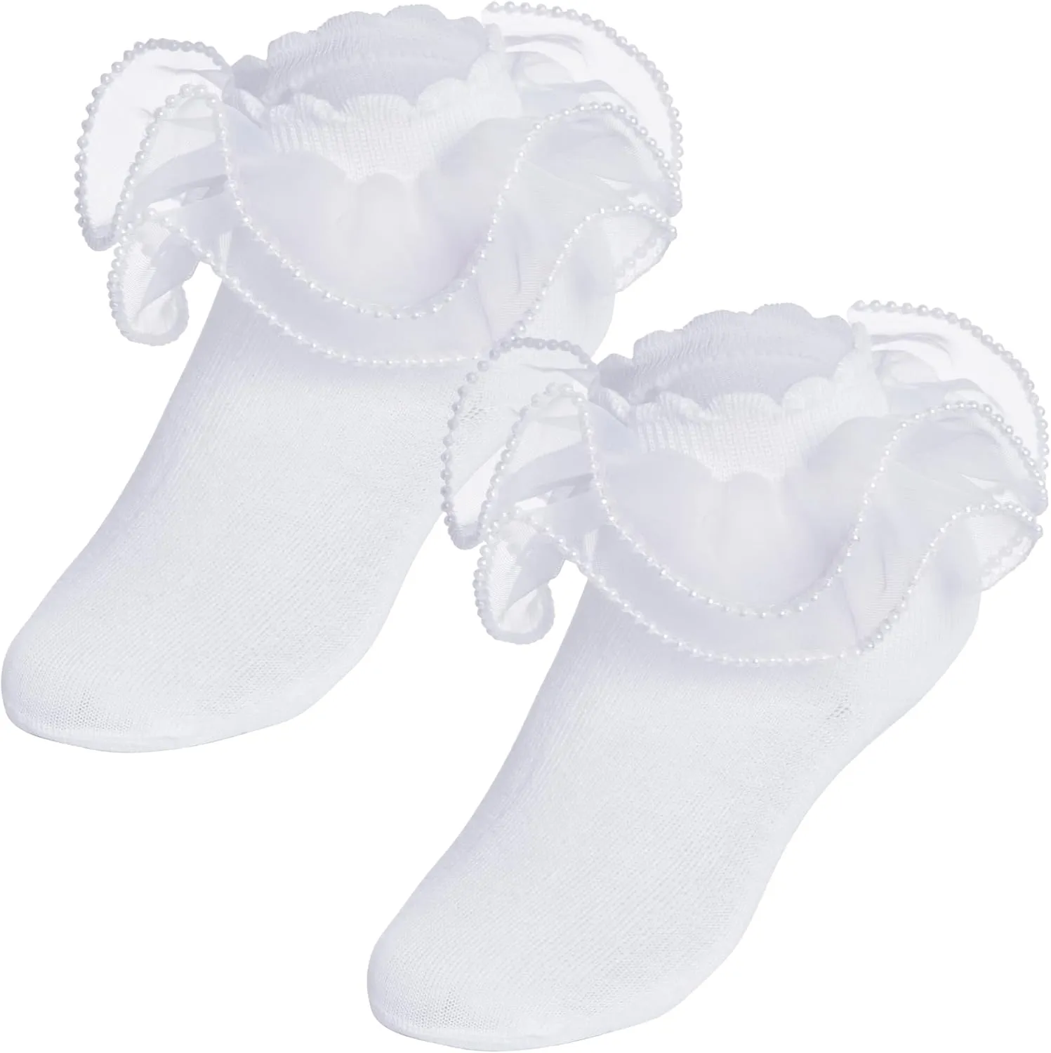 2 Pack Girls Frilly Ruffle Socks Cute Pearls Lace Socks for Toddler Little Girls Dress and Daily