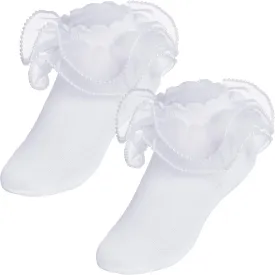 2 Pack Girls Frilly Ruffle Socks Cute Pearls Lace Socks for Toddler Little Girls Dress and Daily