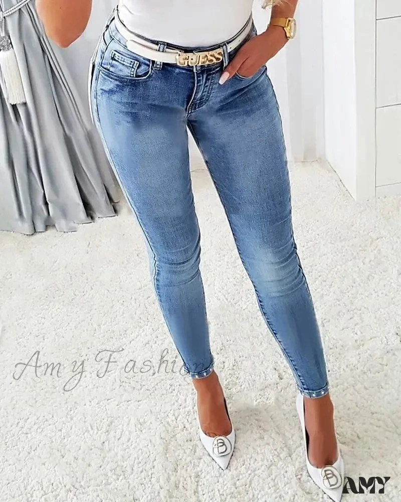 Amy Fashion - 2024 New for Woman Butterfly Pattern Rhinestone Beaded Split Hem Skinny All-Match Pencil Denim Jean