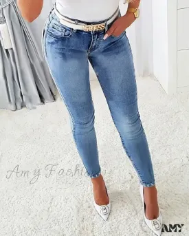 Amy Fashion - 2024 New for Woman Butterfly Pattern Rhinestone Beaded Split Hem Skinny All-Match Pencil Denim Jean