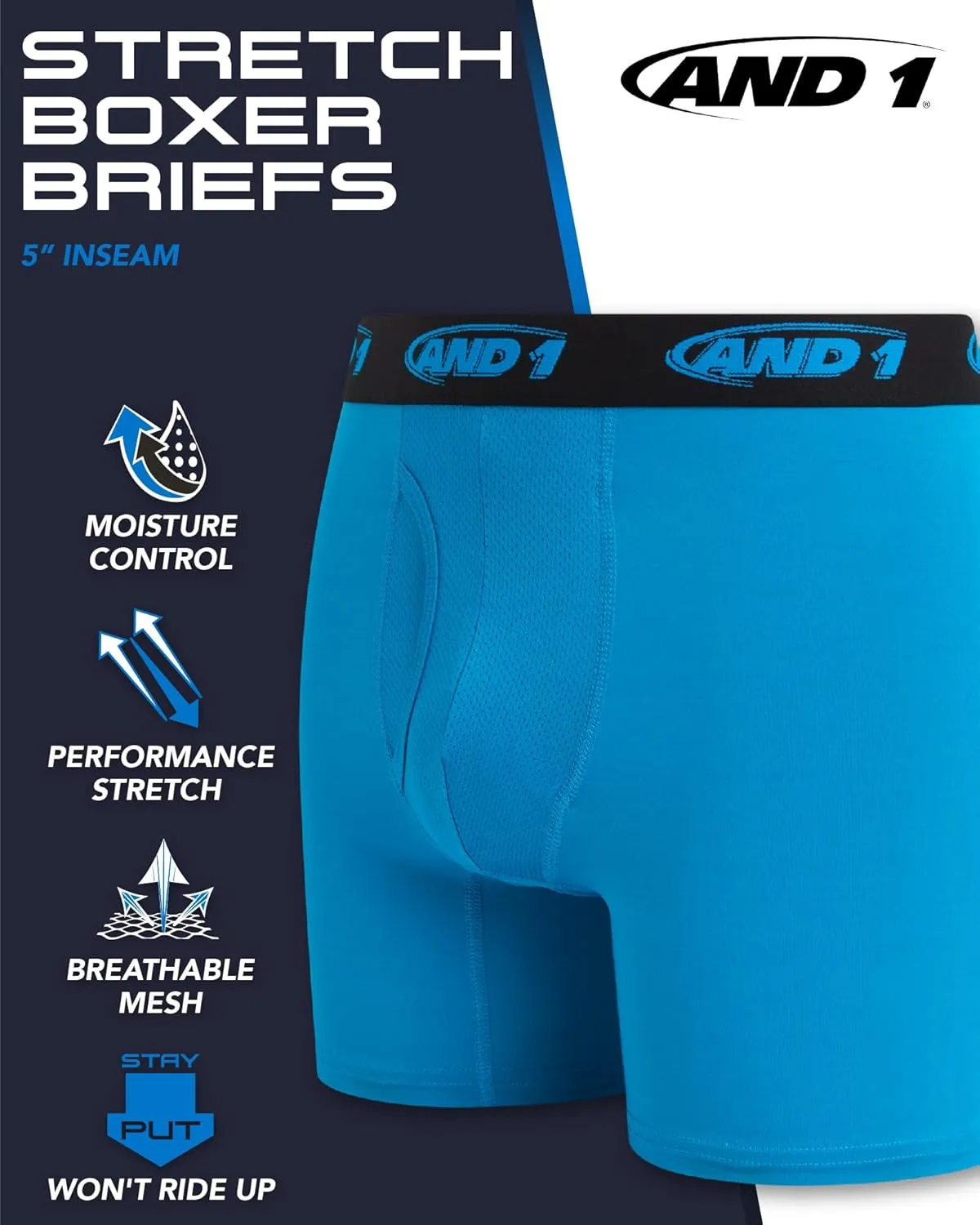AND1 Mens Boxer Briefs - 6 Pack Stretch Performance Mens Underwear Boxers with Functional Fly Pouch (Sizes: S-3XL)