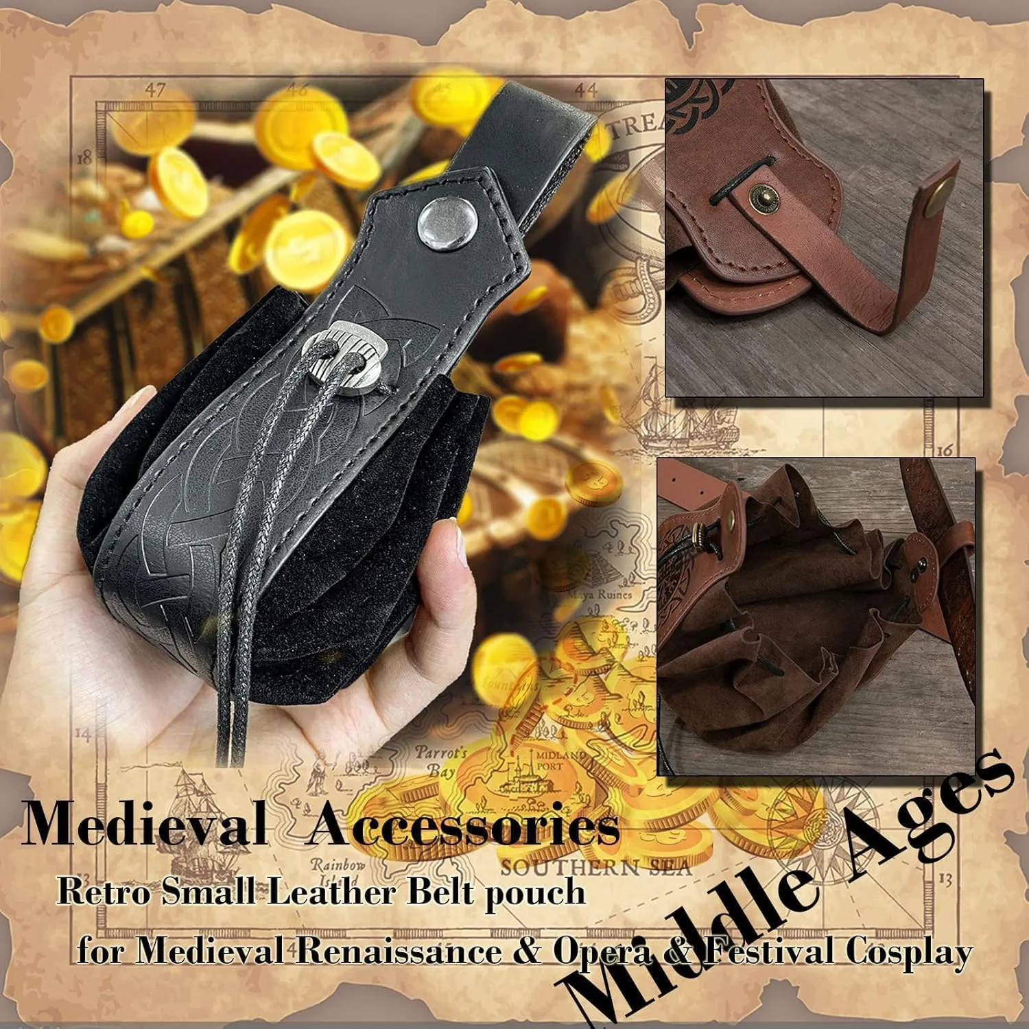 Belt Pouch Waist Bag Fanny Pack Medieval Vintage Leather Pouch Cellphone Holder Holster Carry Belt Purse Pocket Casual Hiking Festival Renaissance Faire Costume Props Travel Wallet (1-Small Black)