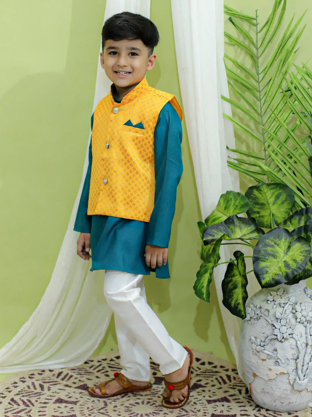 Boys Festive Wear Jacquard Jacket with Cotton Kurta Pajama Yellow