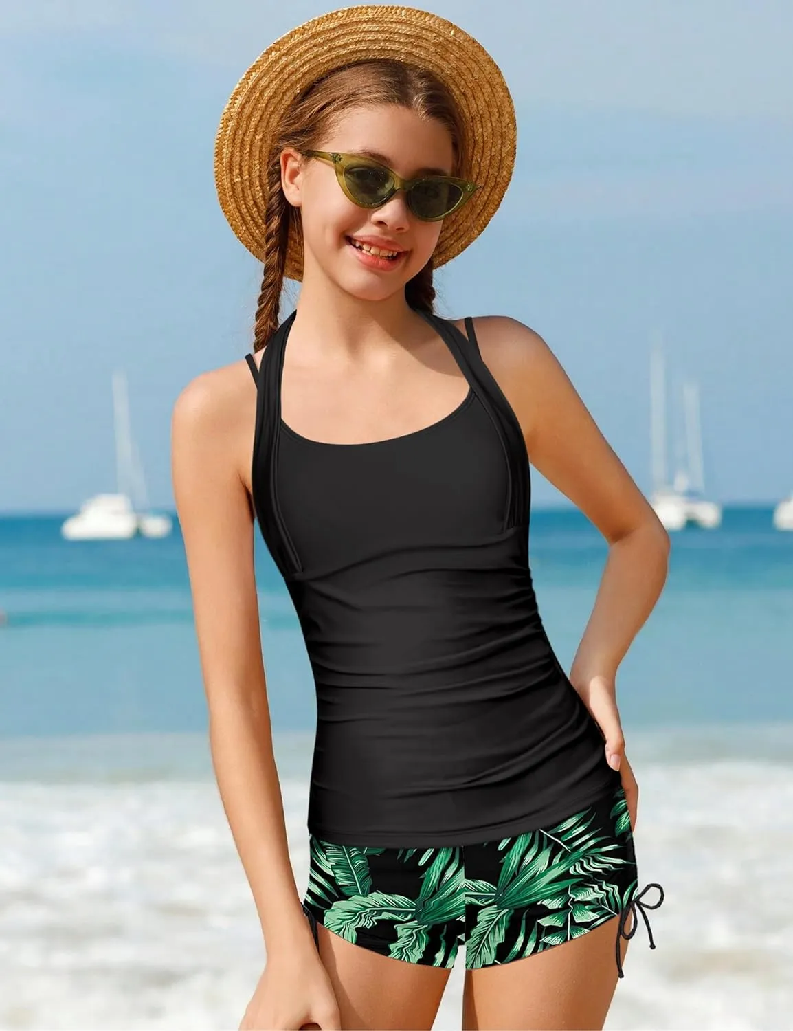 Girls Swimsuit 2 Piece Halterneck Girls Tankini Swimsuit Drawstring Printed Swim Shorts Girl Bathing Suit for 7-16T