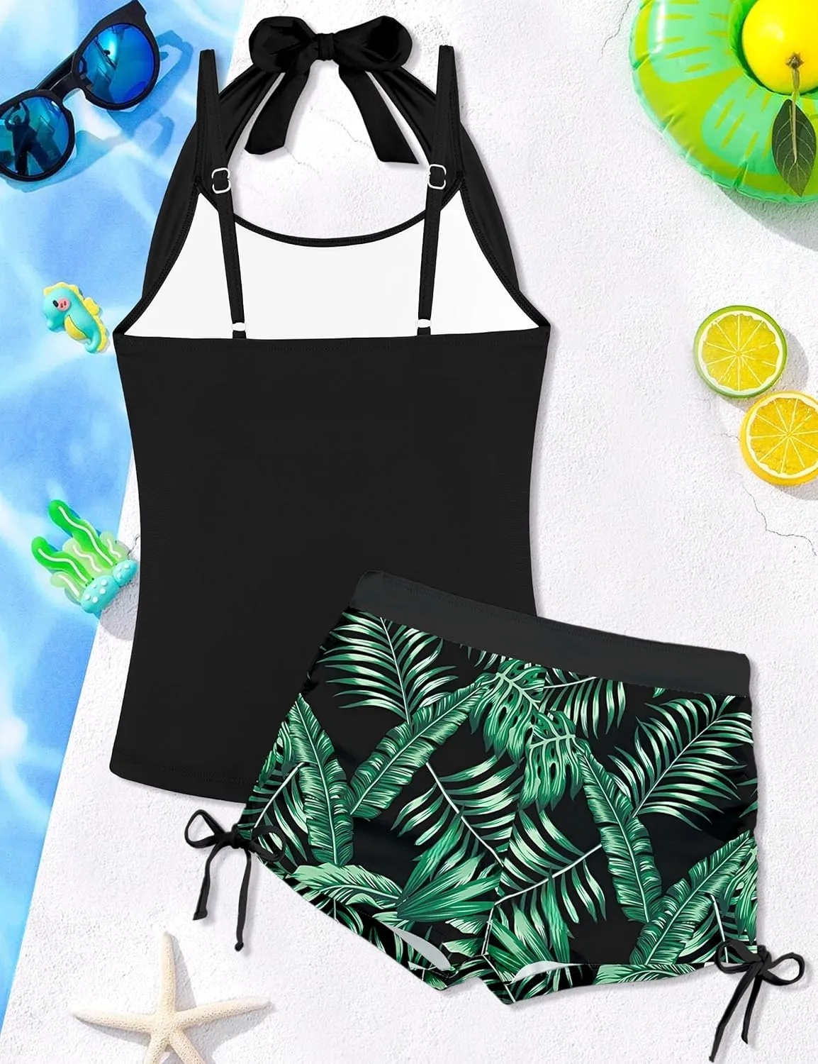 Girls Swimsuit 2 Piece Halterneck Girls Tankini Swimsuit Drawstring Printed Swim Shorts Girl Bathing Suit for 7-16T