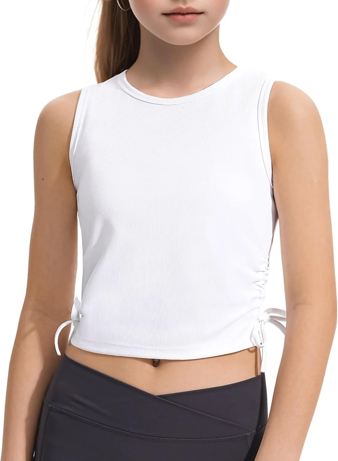HASMES Girls Tank Tops Ribbed Knit Sleeveless Crop Tops for Kids Round Neck Dance Tops 5-14Y