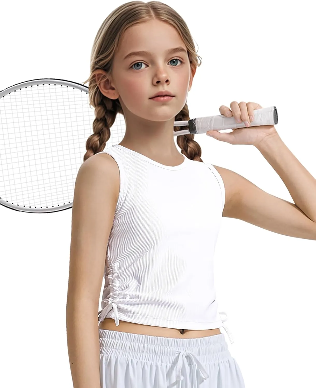 HASMES Girls Tank Tops Ribbed Knit Sleeveless Crop Tops for Kids Round Neck Dance Tops 5-14Y