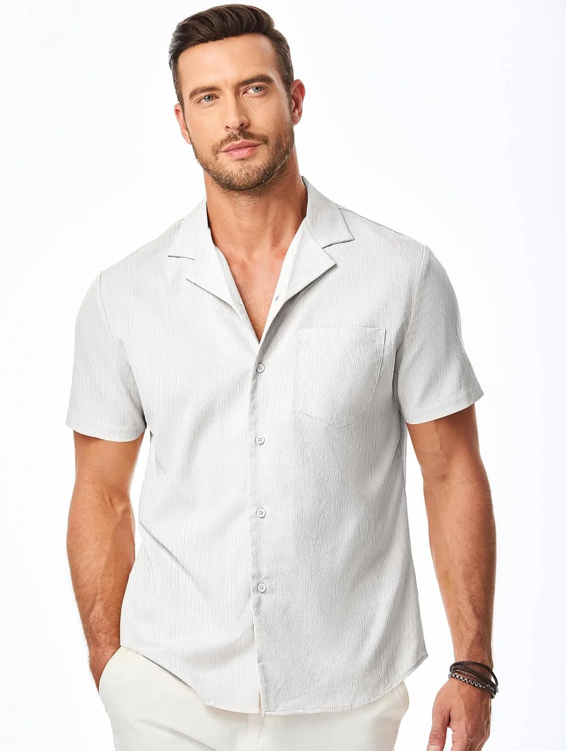 JMIERR Men's Casual Button Down Shirts Short Sleeve Textured Summer Beach Shirt Cuban Vacation Shirts with Pocket