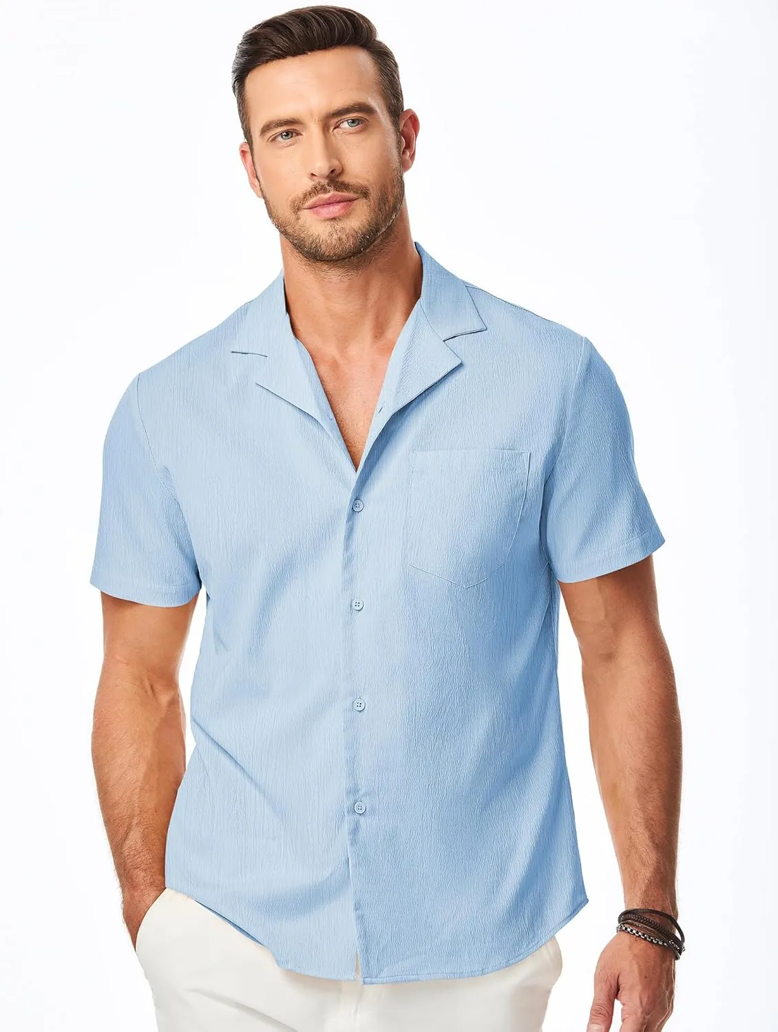 JMIERR Men's Casual Button Down Shirts Short Sleeve Textured Summer Beach Shirt Cuban Vacation Shirts with Pocket