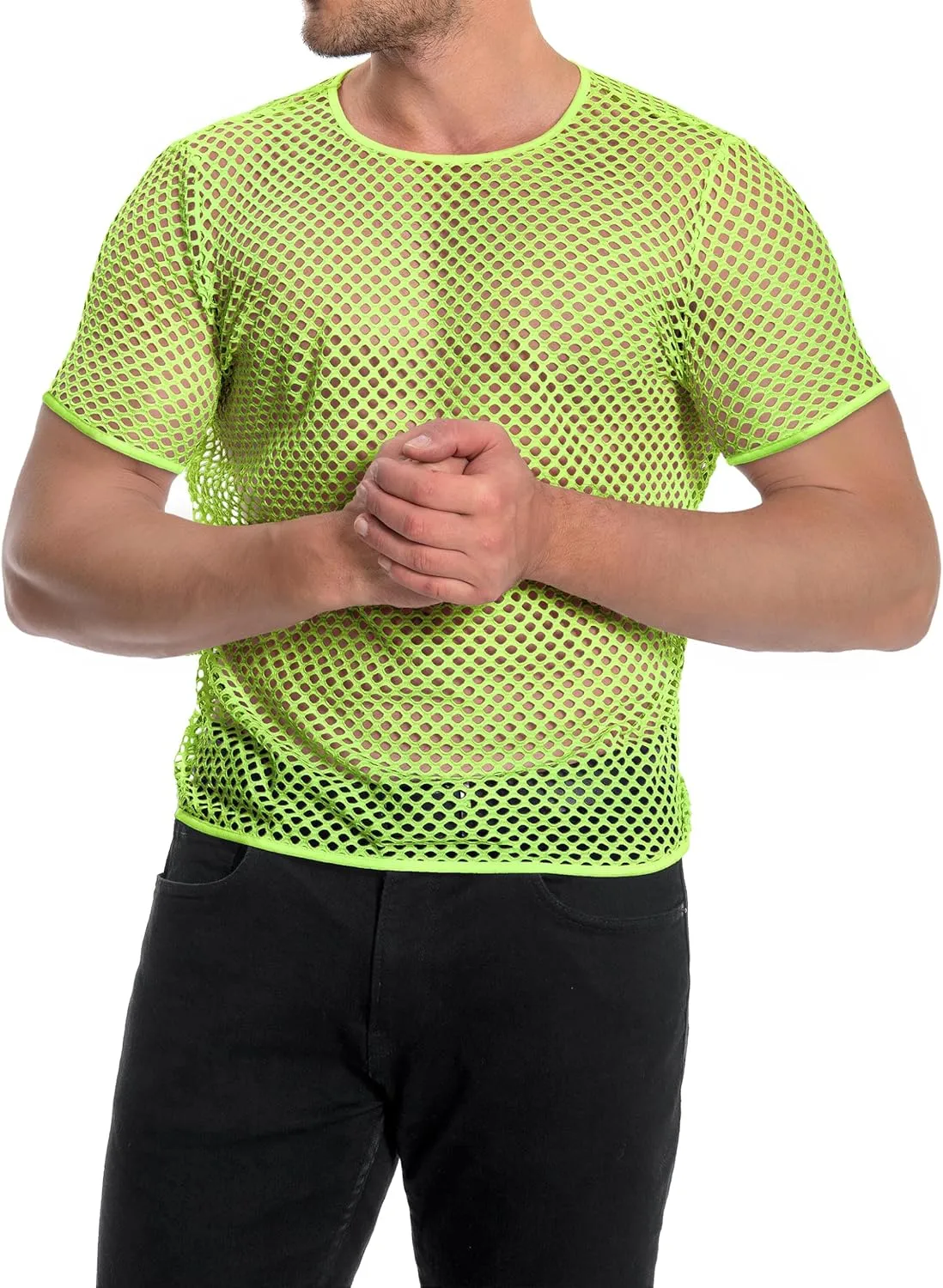 Men's Mesh Fishnet Top Short Sleeve Sheer See Through T Shirt Fitted Muscle Blouse Clubwear