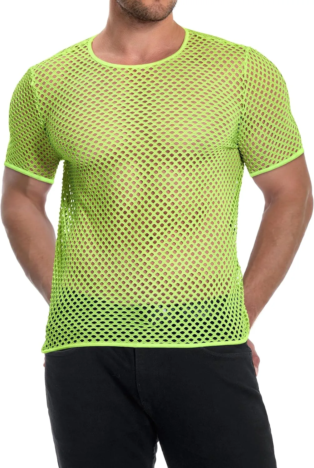 Men's Mesh Fishnet Top Short Sleeve Sheer See Through T Shirt Fitted Muscle Blouse Clubwear