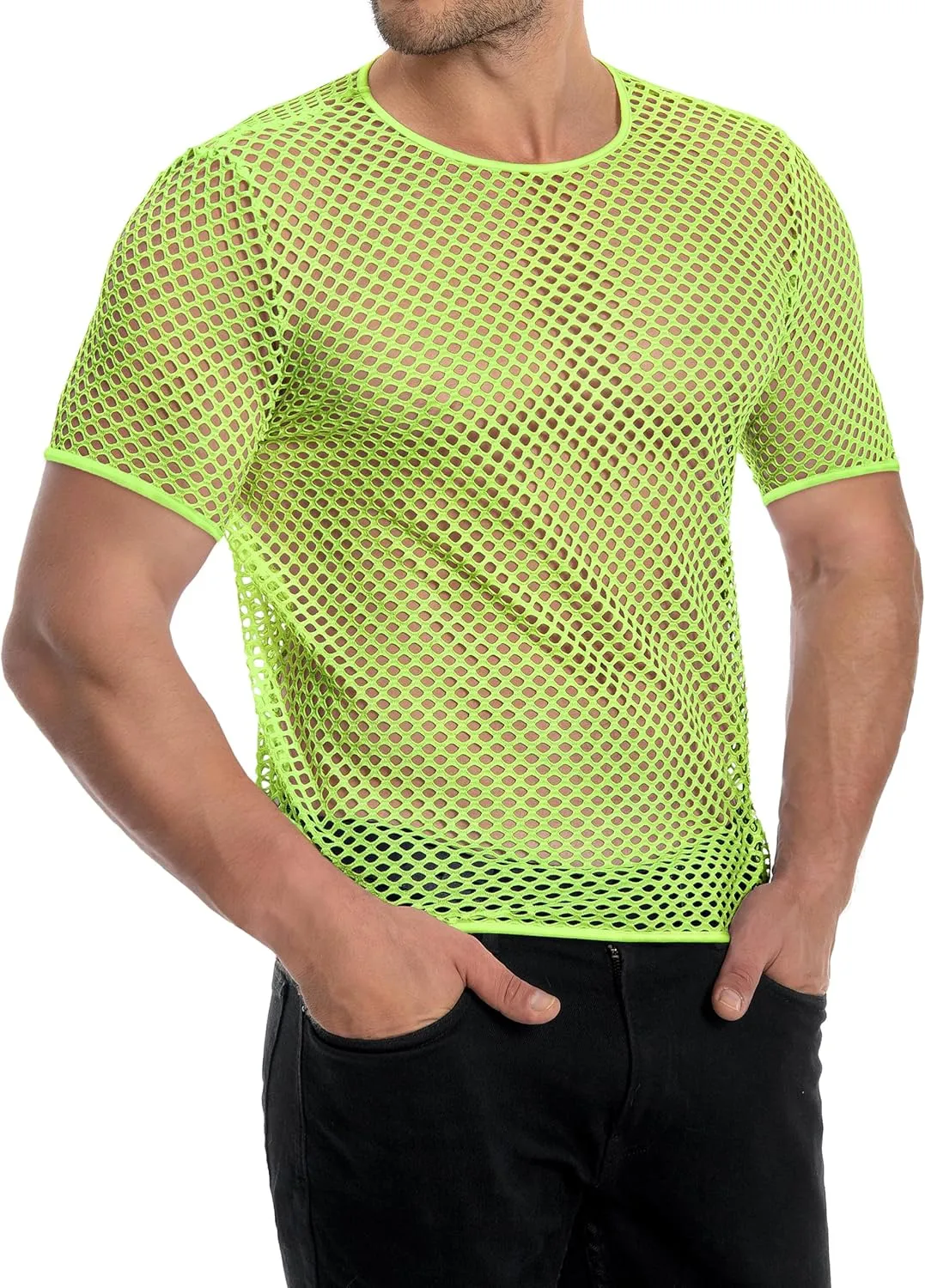 Men's Mesh Fishnet Top Short Sleeve Sheer See Through T Shirt Fitted Muscle Blouse Clubwear