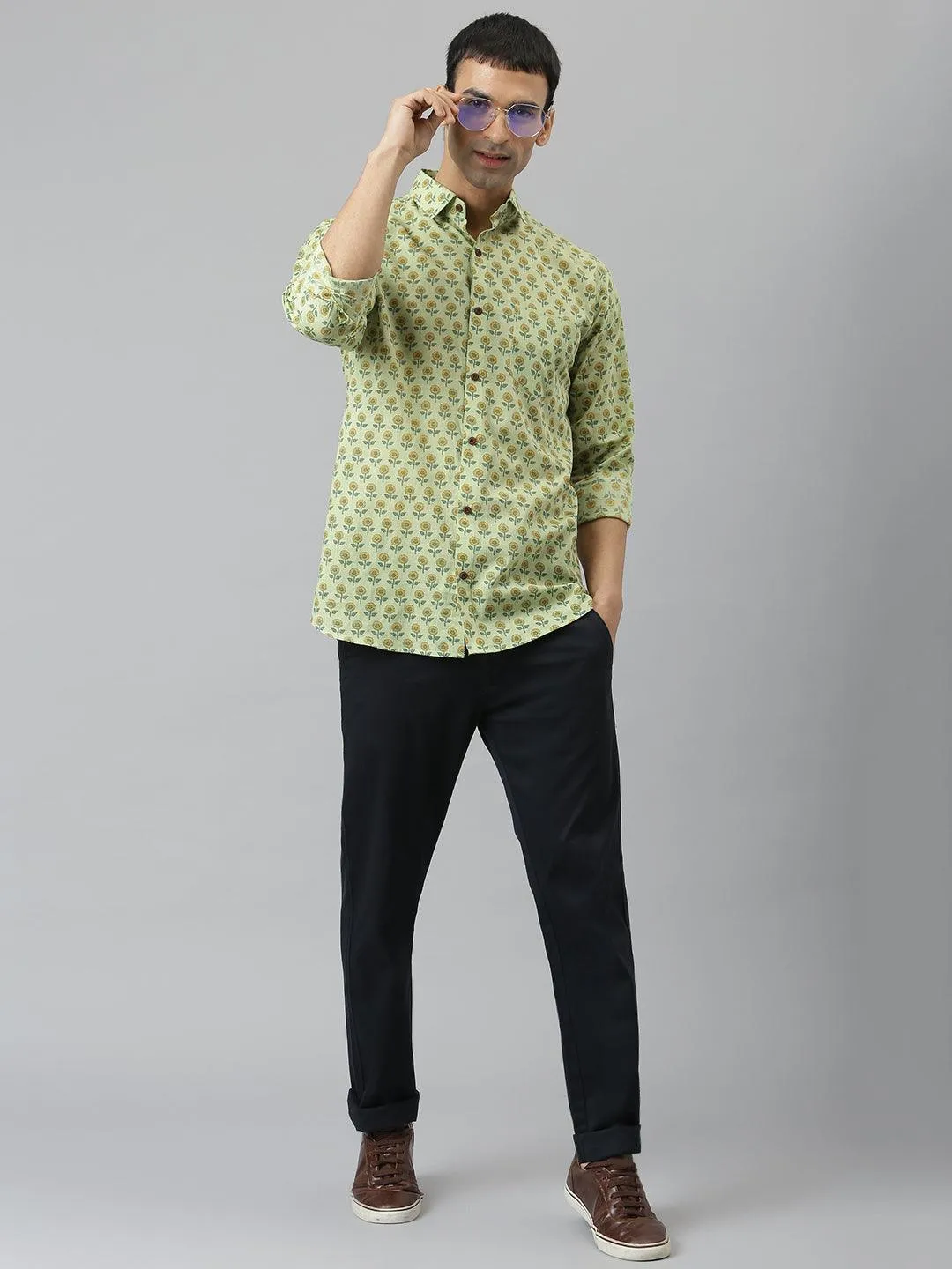 Millennial Men Light Green & Yellow Cotton  Full Sleeve  Shirt For Men-Mmf0269