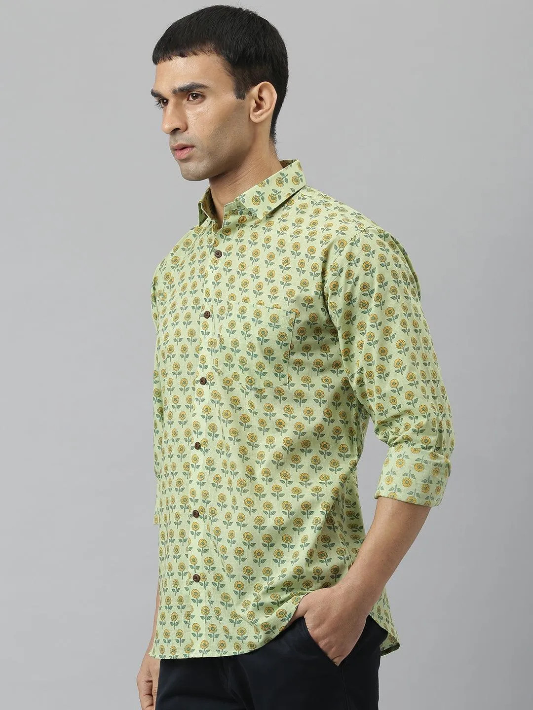Millennial Men Light Green & Yellow Cotton  Full Sleeve  Shirt For Men-Mmf0269