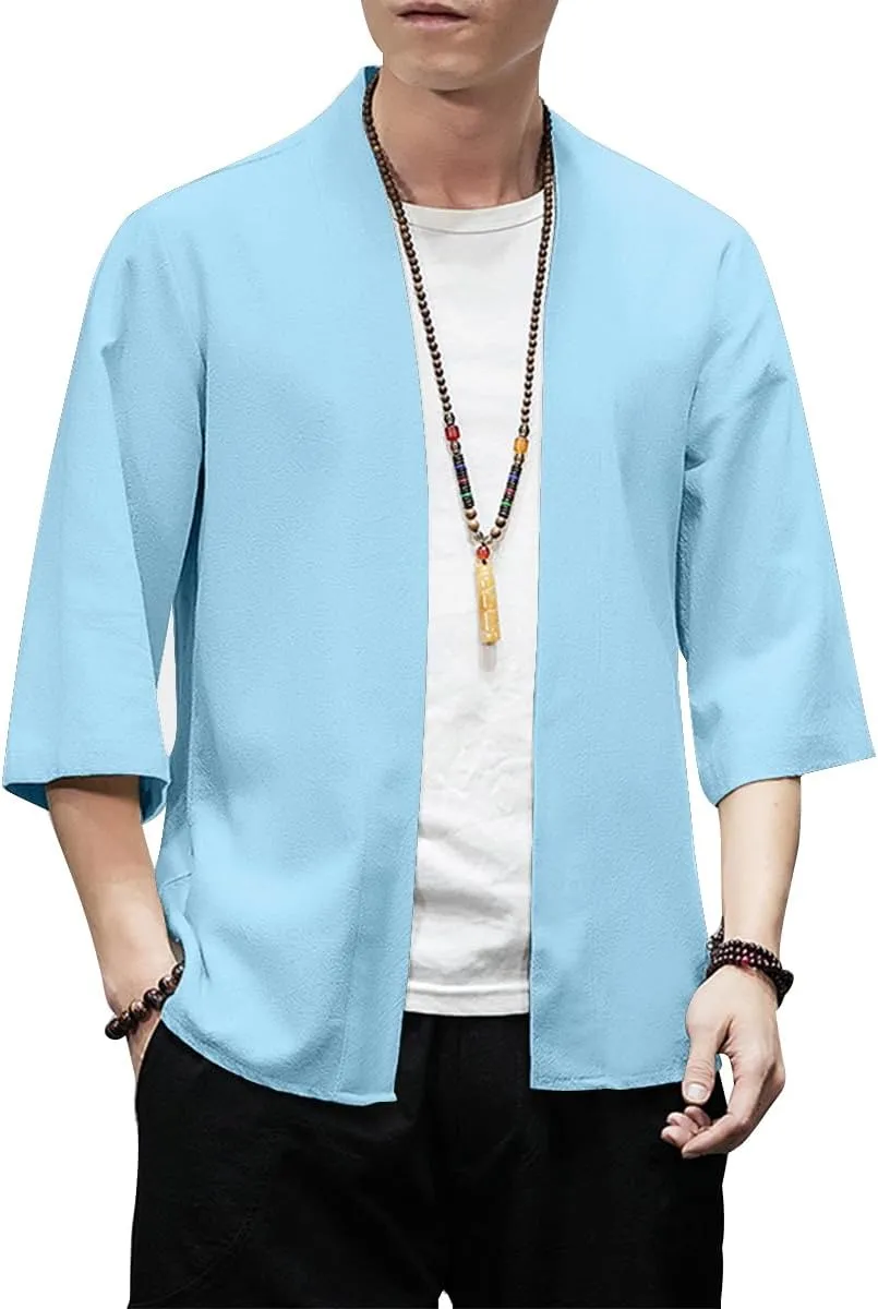 PRIJOUHE Men's Kimono Jackets Cardigan Lightweight Casual Cotton Blends Linen Seven Sleeves Open Front Coat Outwear