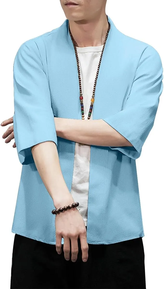 PRIJOUHE Men's Kimono Jackets Cardigan Lightweight Casual Cotton Blends Linen Seven Sleeves Open Front Coat Outwear