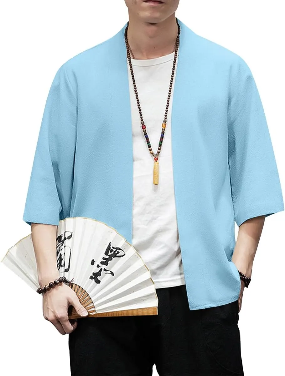 PRIJOUHE Men's Kimono Jackets Cardigan Lightweight Casual Cotton Blends Linen Seven Sleeves Open Front Coat Outwear