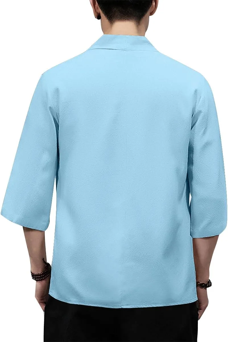 PRIJOUHE Men's Kimono Jackets Cardigan Lightweight Casual Cotton Blends Linen Seven Sleeves Open Front Coat Outwear