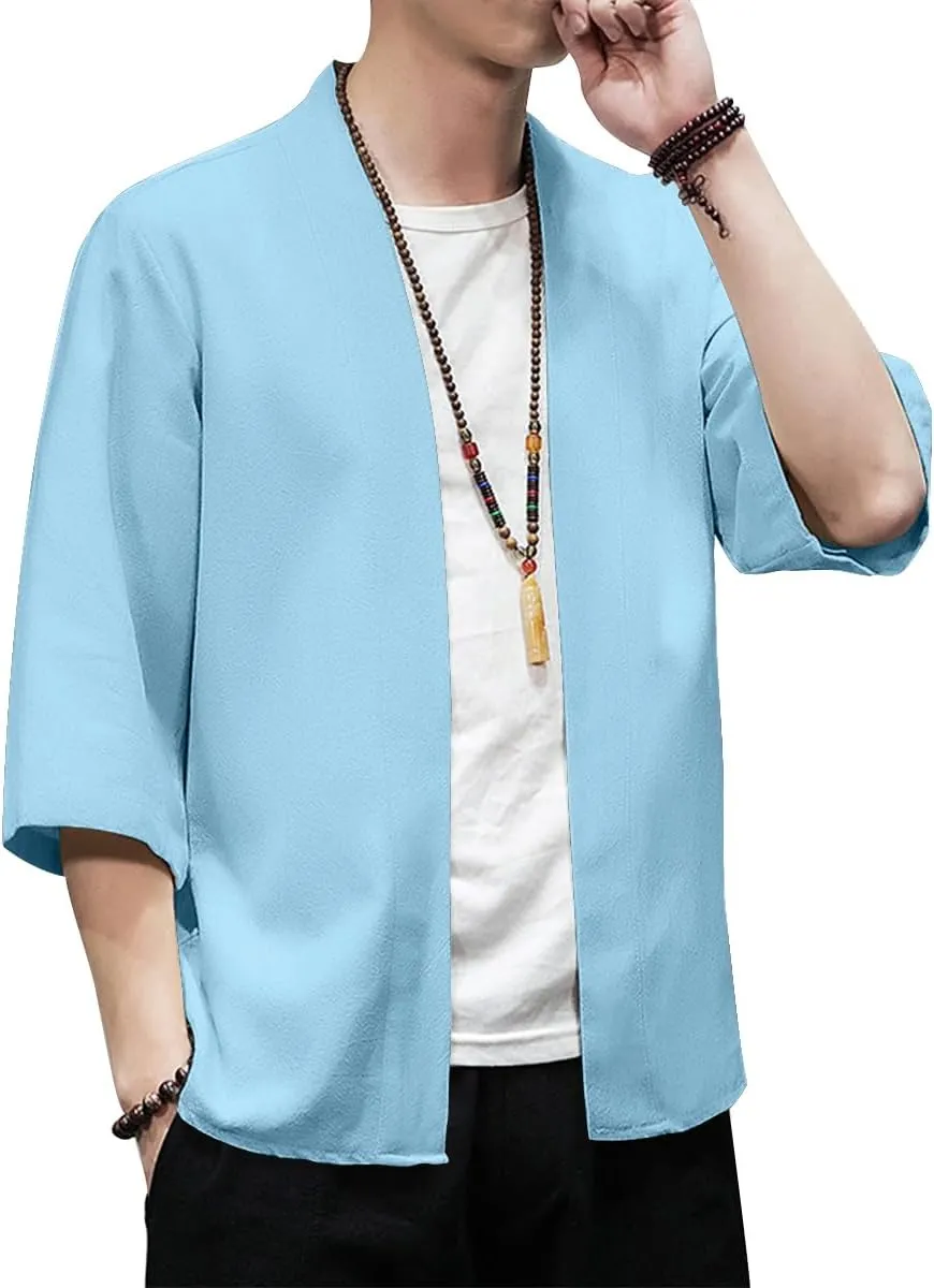 PRIJOUHE Men's Kimono Jackets Cardigan Lightweight Casual Cotton Blends Linen Seven Sleeves Open Front Coat Outwear