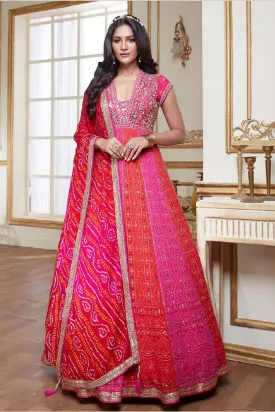 Red and Pink Gown with Bandani Dupatta