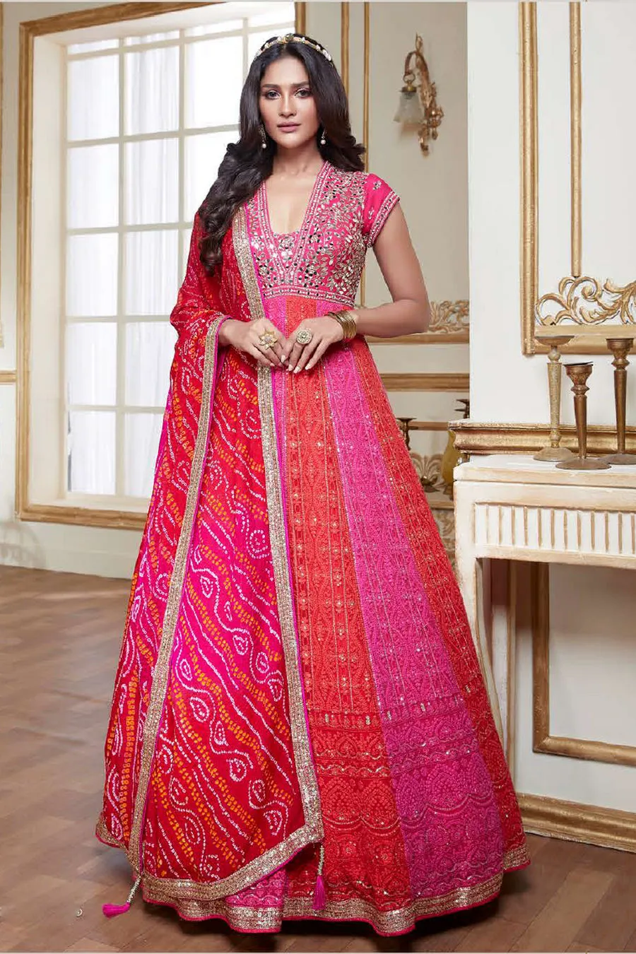 Red and Pink Gown with Bandani Dupatta