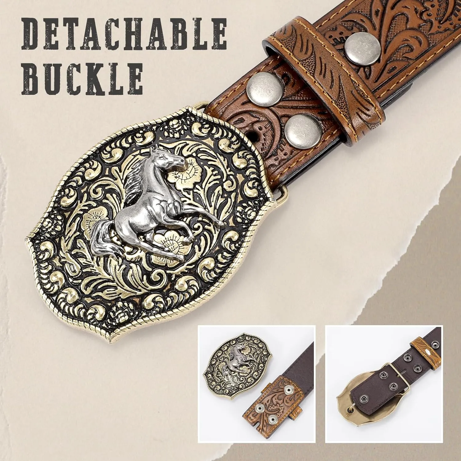 SANSTHS Cowboy Belts for Men Women Western Buckle Belt Cowboy Cowgirl Embossed Leather Belt for Jeans Christmas Gifts Belt