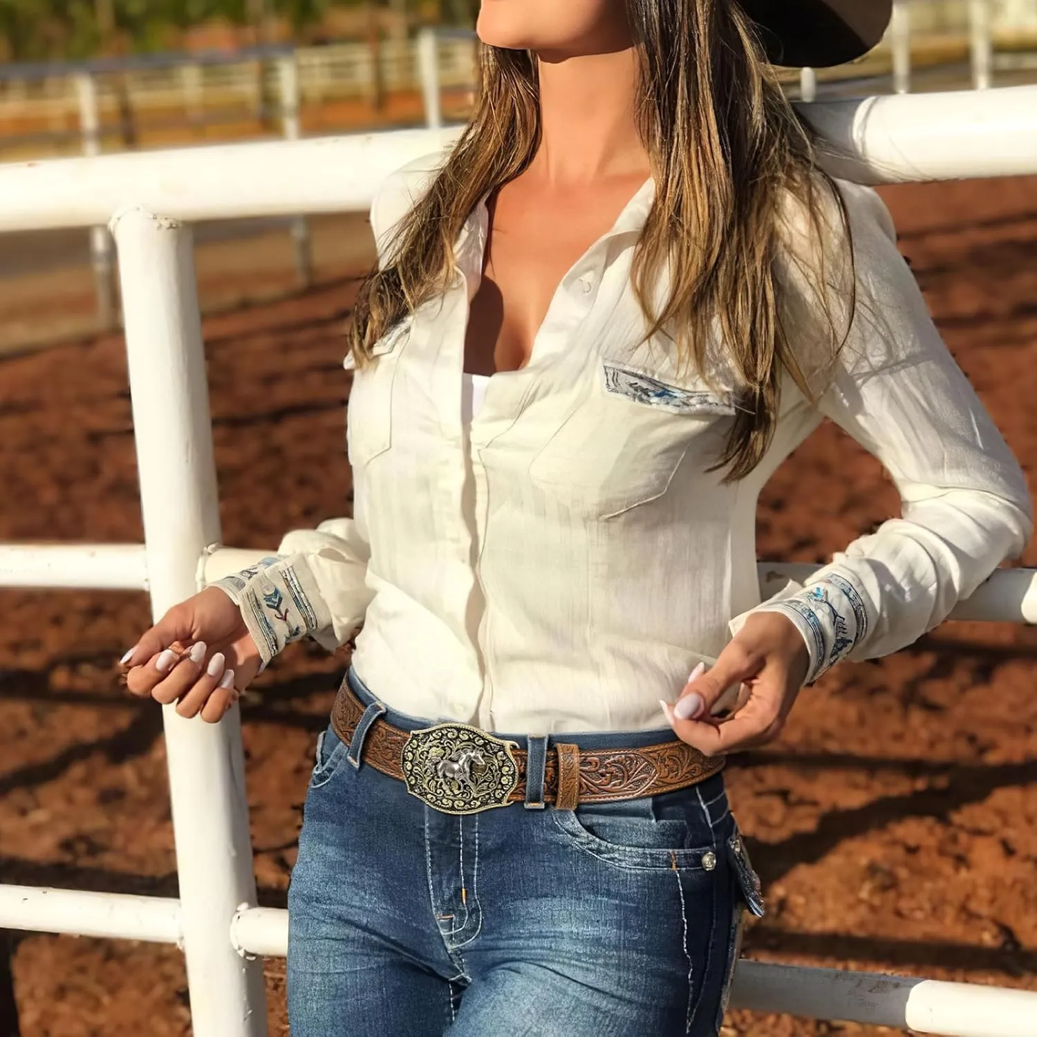 SANSTHS Cowboy Belts for Men Women Western Buckle Belt Cowboy Cowgirl Embossed Leather Belt for Jeans Christmas Gifts Belt