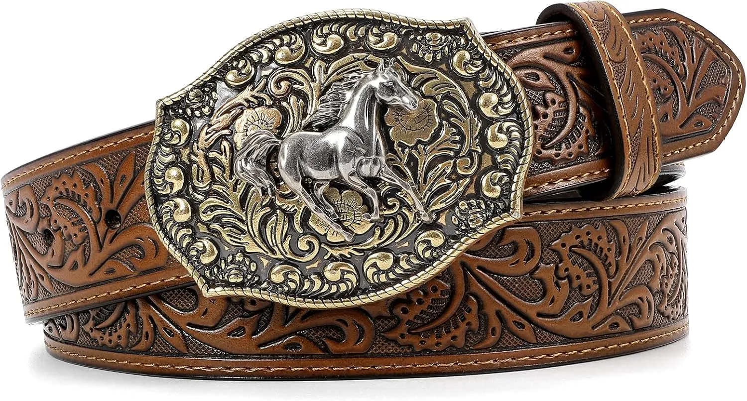 SANSTHS Cowboy Belts for Men Women Western Buckle Belt Cowboy Cowgirl Embossed Leather Belt for Jeans Christmas Gifts Belt