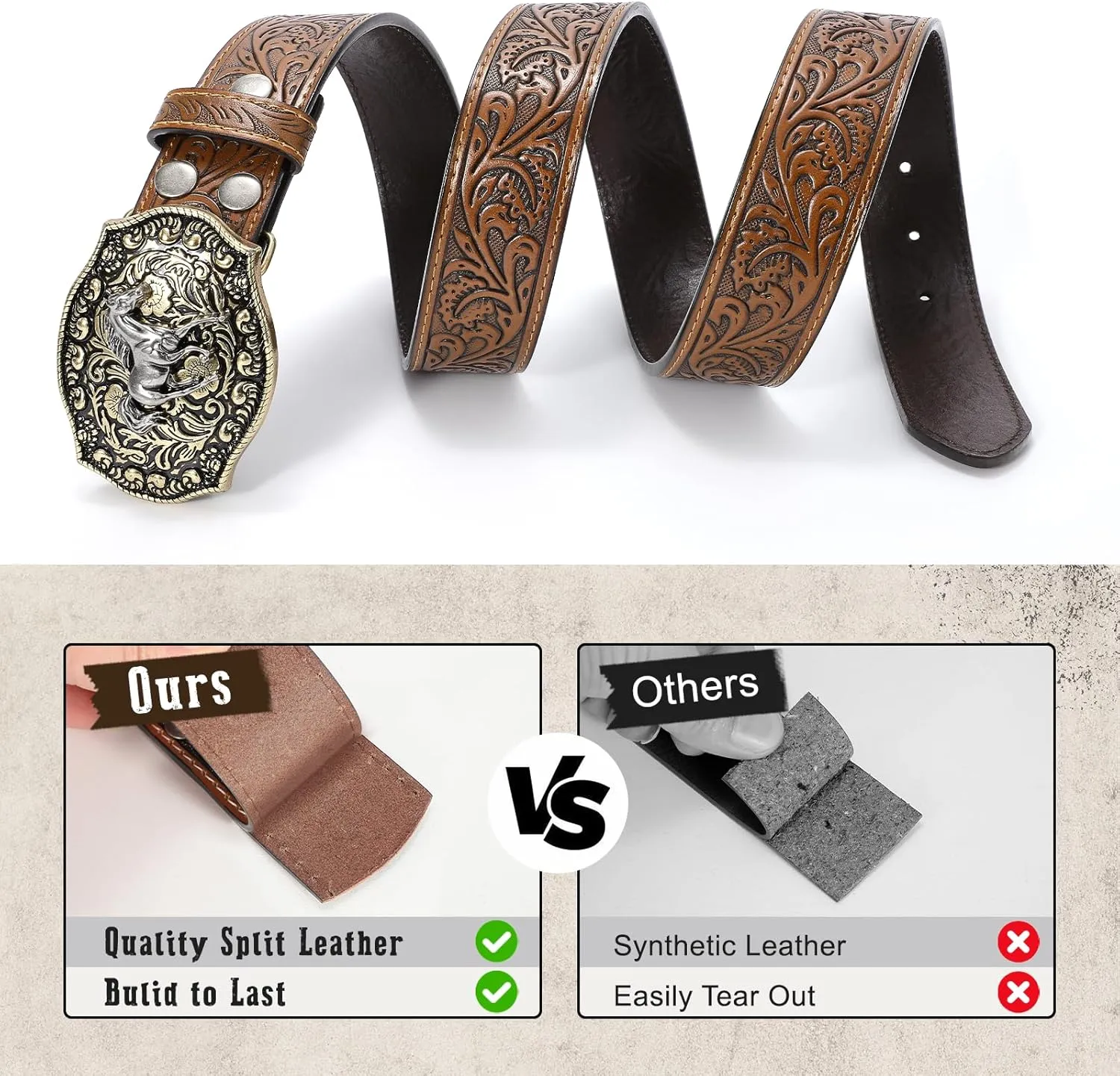 SANSTHS Cowboy Belts for Men Women Western Buckle Belt Cowboy Cowgirl Embossed Leather Belt for Jeans Christmas Gifts Belt