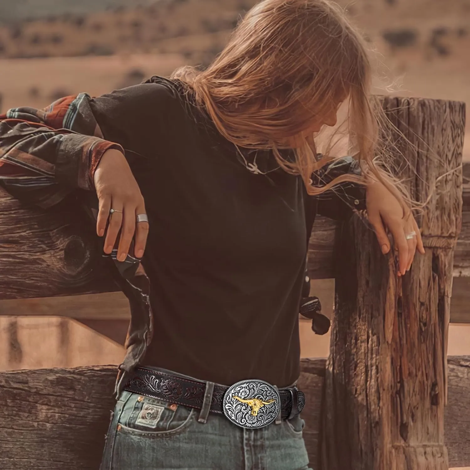 SANSTHS Western Belt Cowboy Belts for Men Women, Western Leather Belts Bull Buckle Belt Embossed Leather Belt for Jeans