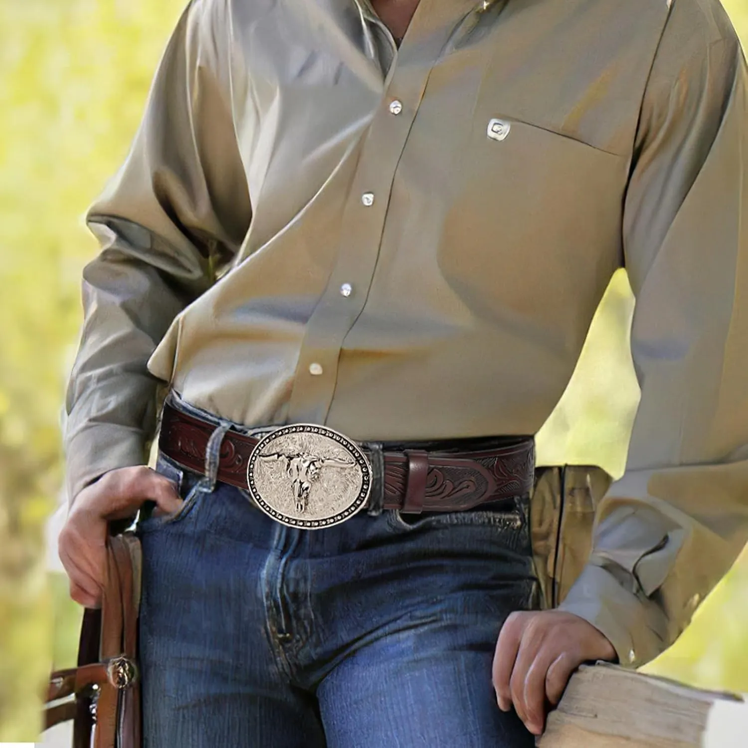 SANSTHS Western Belt Cowboy Belts for Men Women, Western Leather Belts Bull Buckle Belt Embossed Leather Belt for Jeans