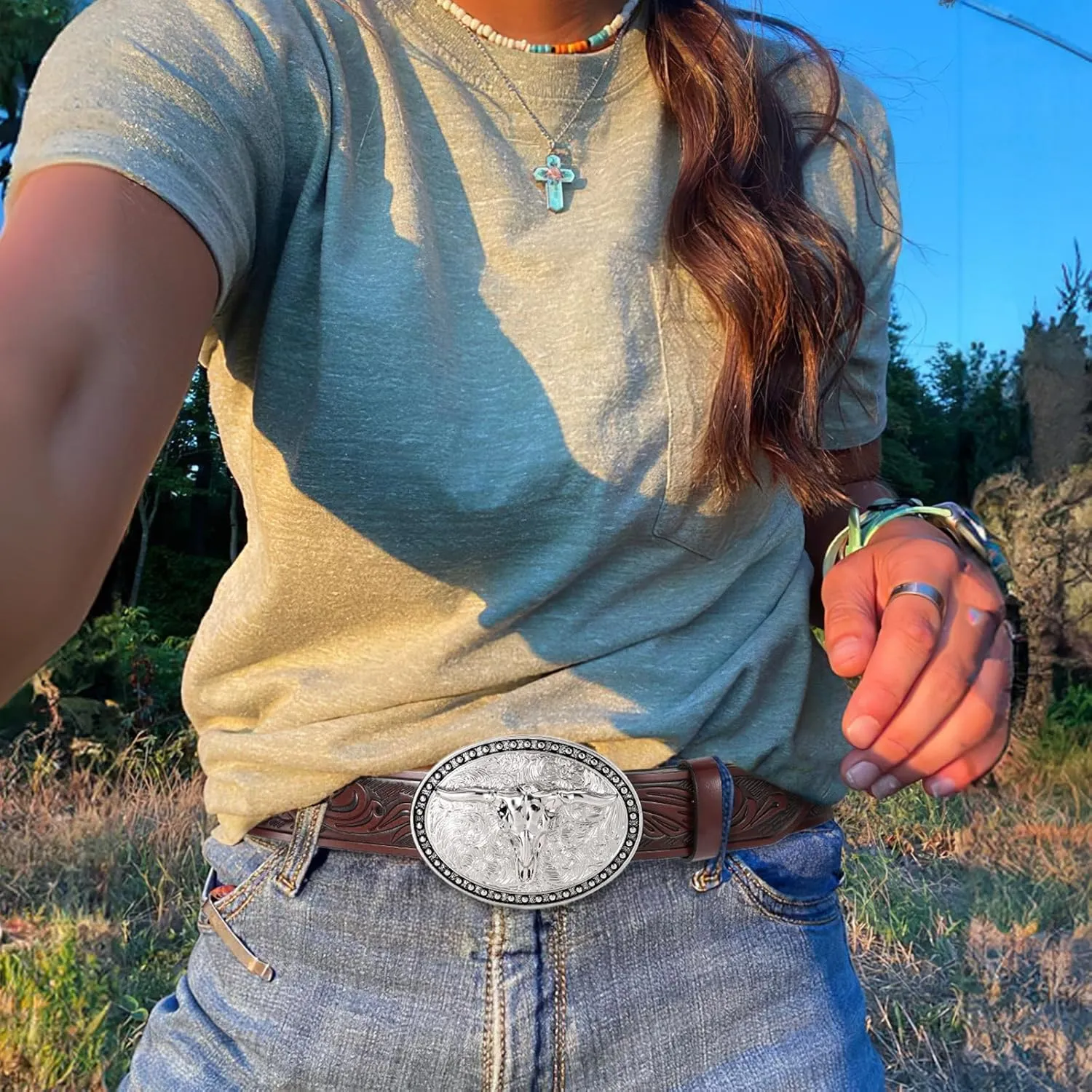 SANSTHS Western Belt Cowboy Belts for Men Women, Western Leather Belts Bull Buckle Belt Embossed Leather Belt for Jeans