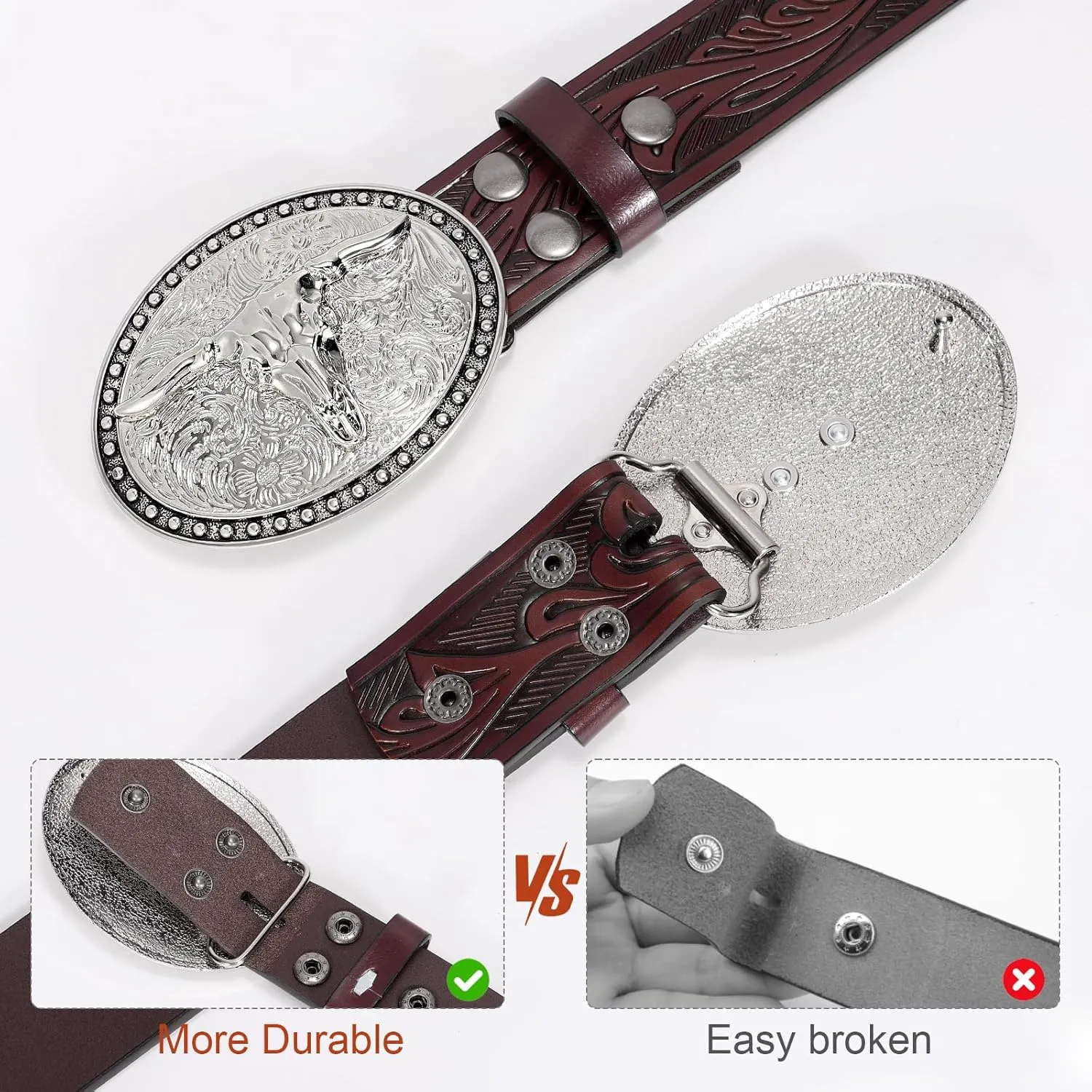 SANSTHS Western Belt Cowboy Belts for Men Women, Western Leather Belts Bull Buckle Belt Embossed Leather Belt for Jeans