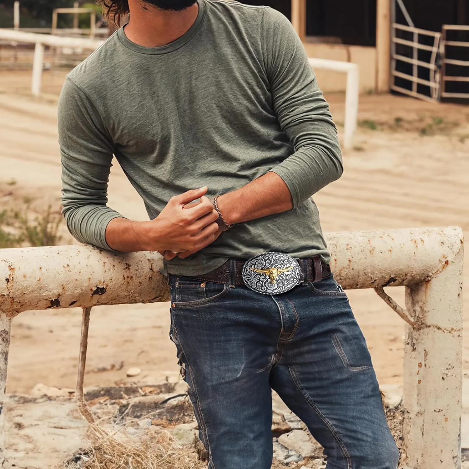 SANSTHS Western Belt Cowboy Belts for Men Women, Western Leather Belts Bull Buckle Belt Embossed Leather Belt for Jeans