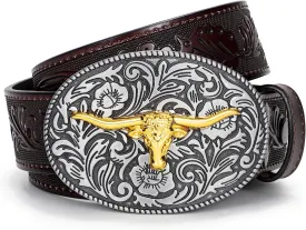 SANSTHS Western Belt Cowboy Belts for Men Women, Western Leather Belts Bull Buckle Belt Embossed Leather Belt for Jeans