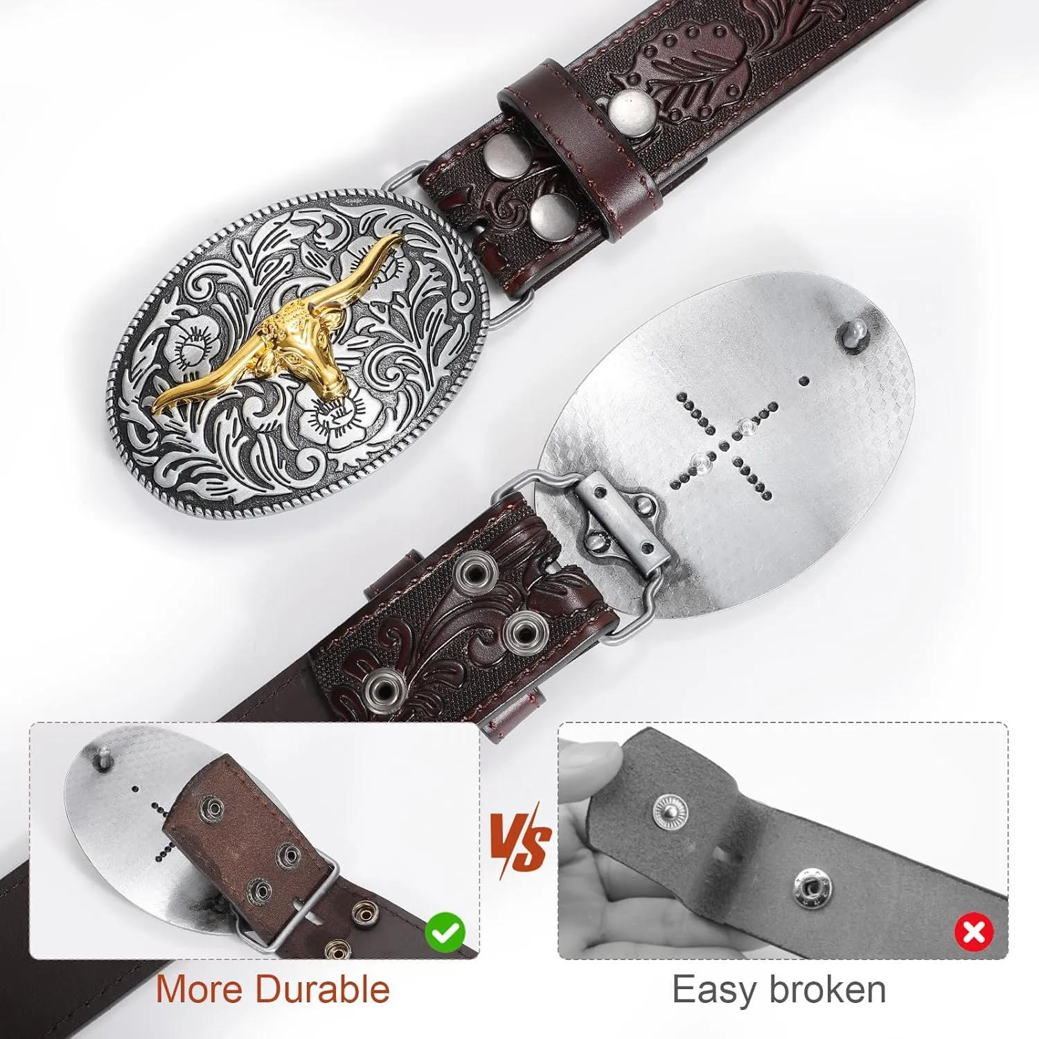 SANSTHS Western Belt Cowboy Belts for Men Women, Western Leather Belts Bull Buckle Belt Embossed Leather Belt for Jeans