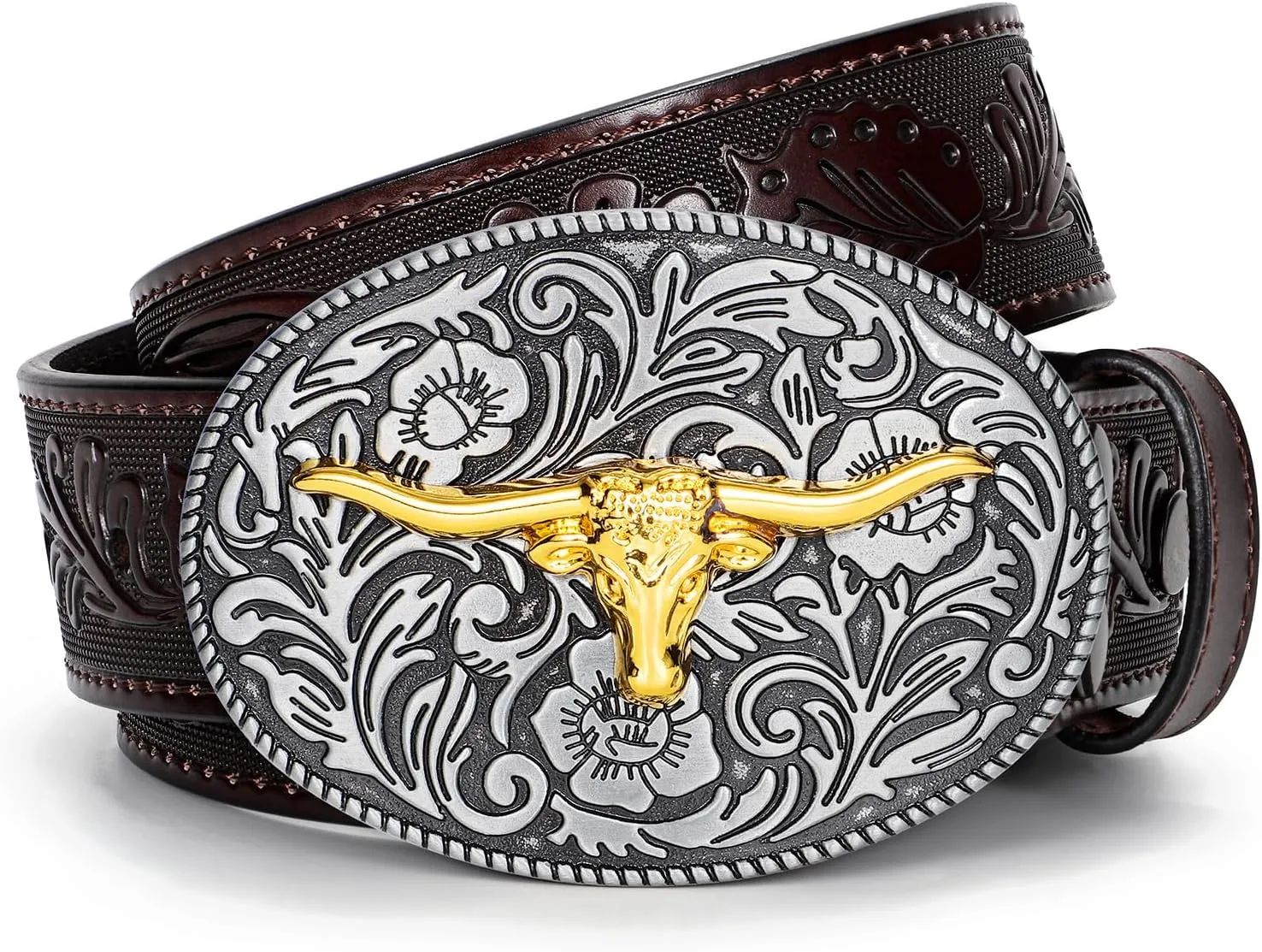 SANSTHS Western Belt Cowboy Belts for Men Women, Western Leather Belts Bull Buckle Belt Embossed Leather Belt for Jeans
