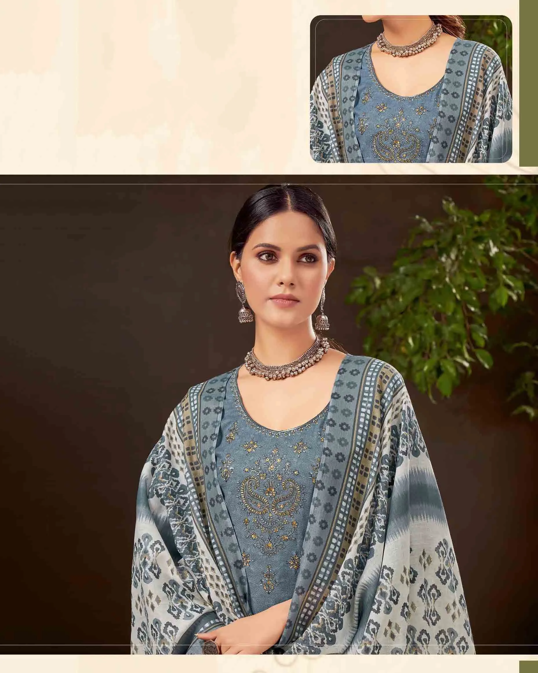 Unstitched Pure Cotton Women Grey Punjabi Suit Dress Material
