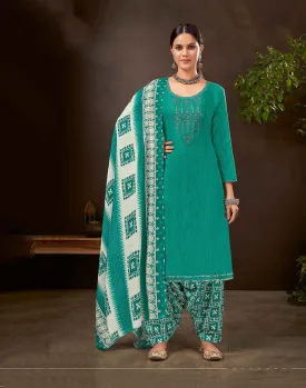 Unstitched Pure Cotton Women Teal Green Punjabi Suit Dress Material