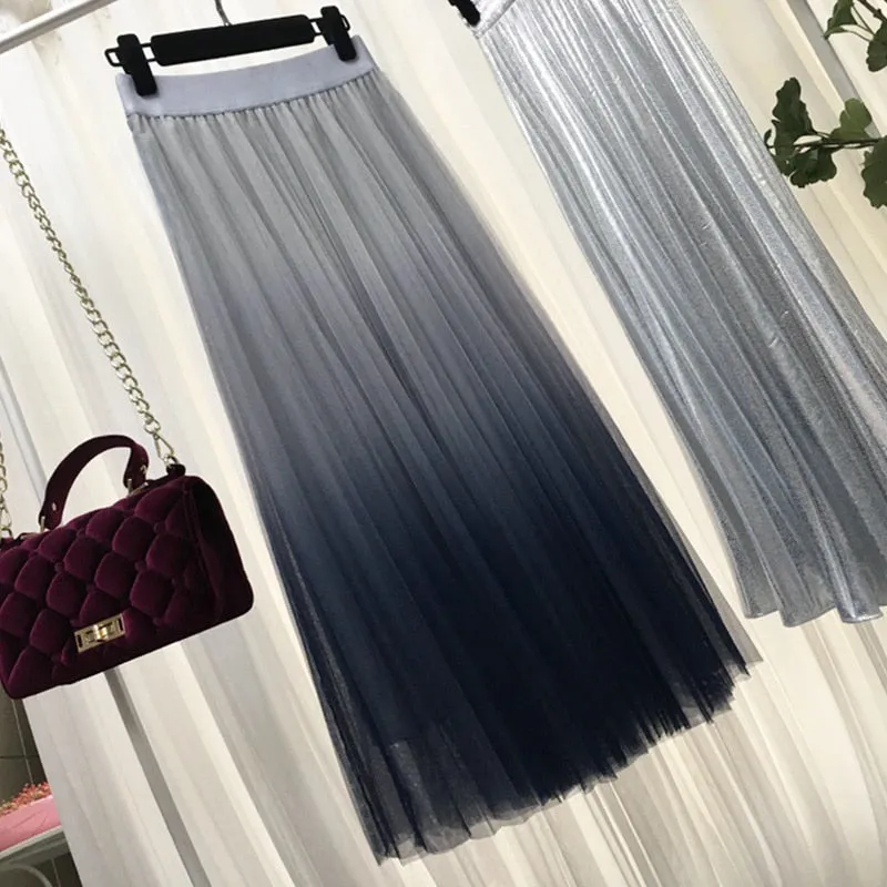 VenusFox Elegant High Waist Long Tulle A-line Midi Skirt