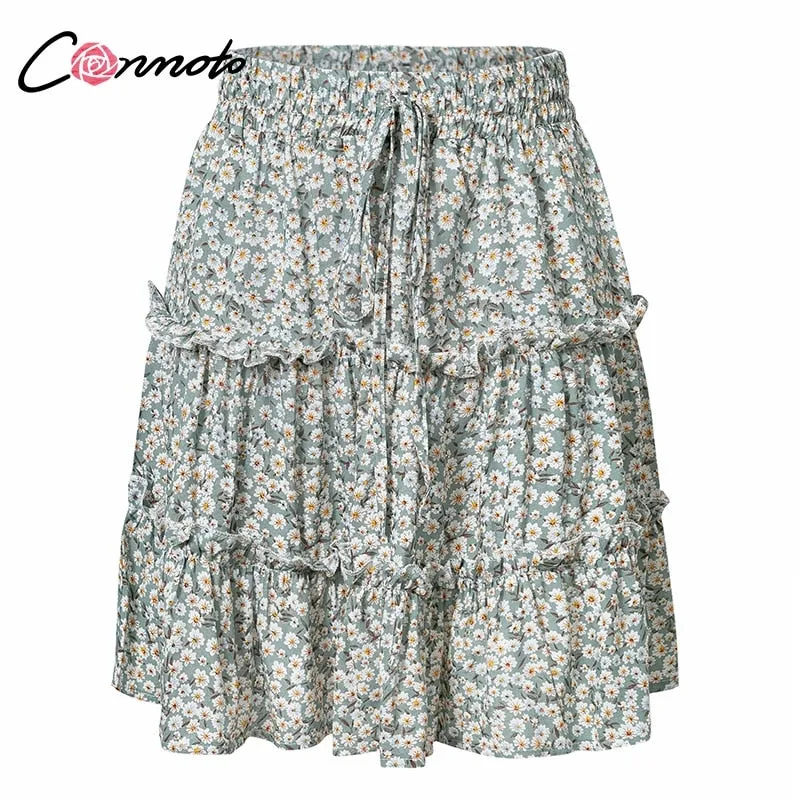 VenusFox Vintage Floral Print Ruffle Skirt