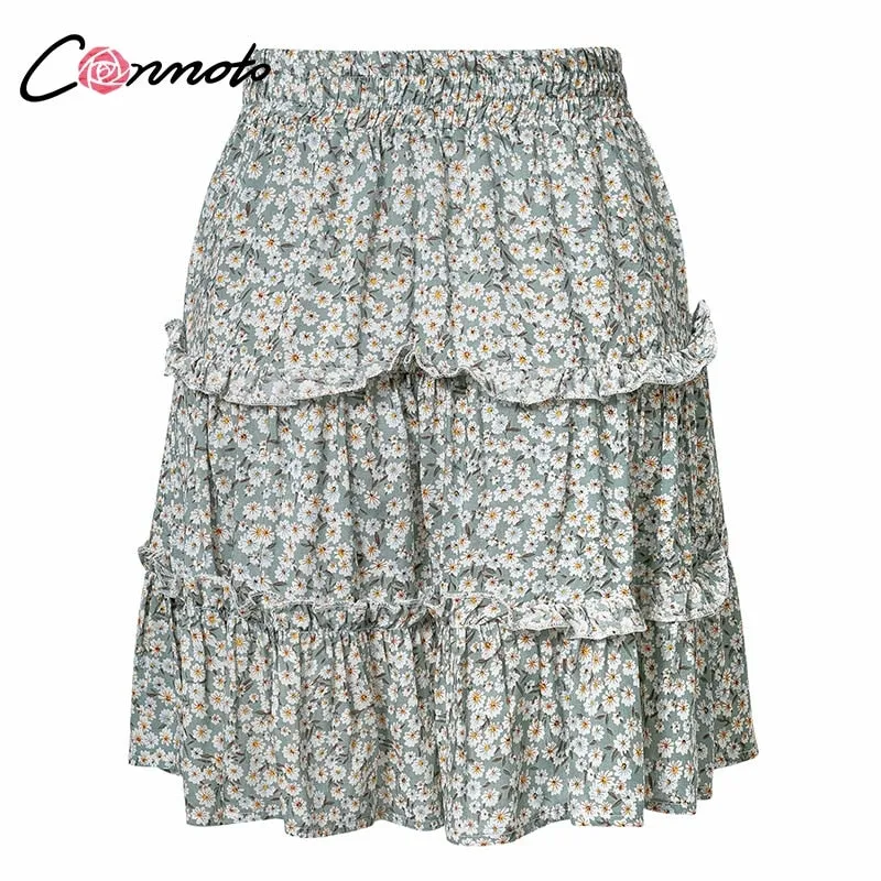 VenusFox Vintage Floral Print Ruffle Skirt
