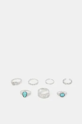 Women Silver Embellished Ring Set (7 Piece)