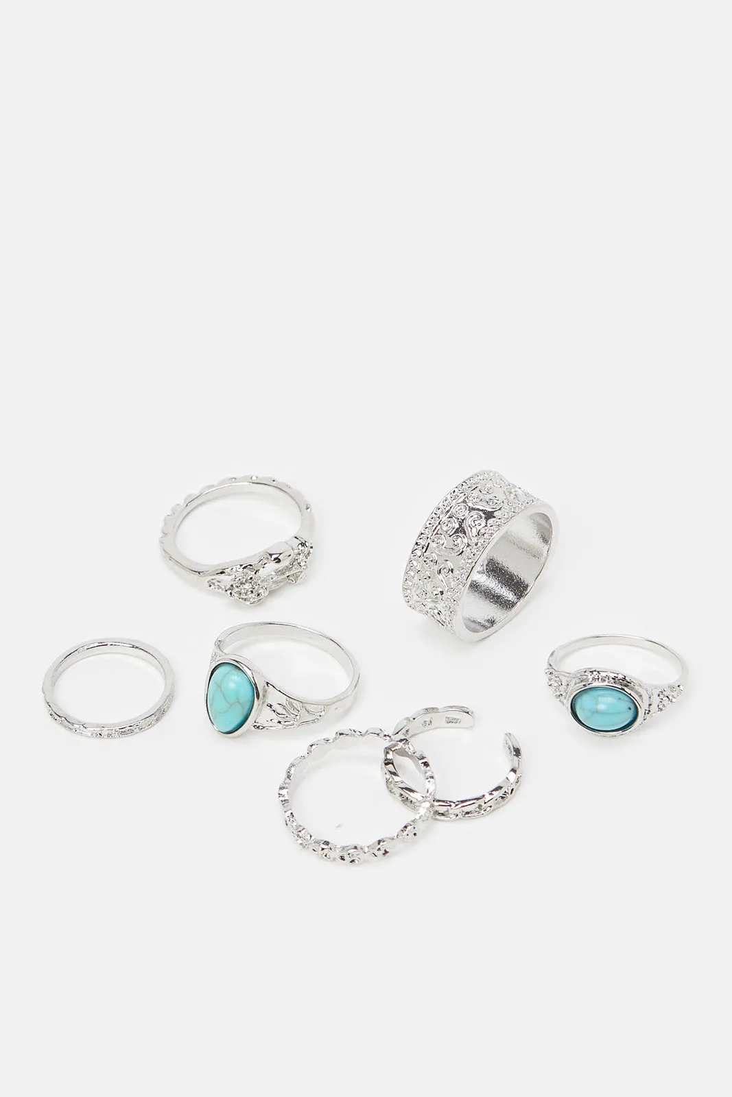 Women Silver Embellished Ring Set (7 Piece)