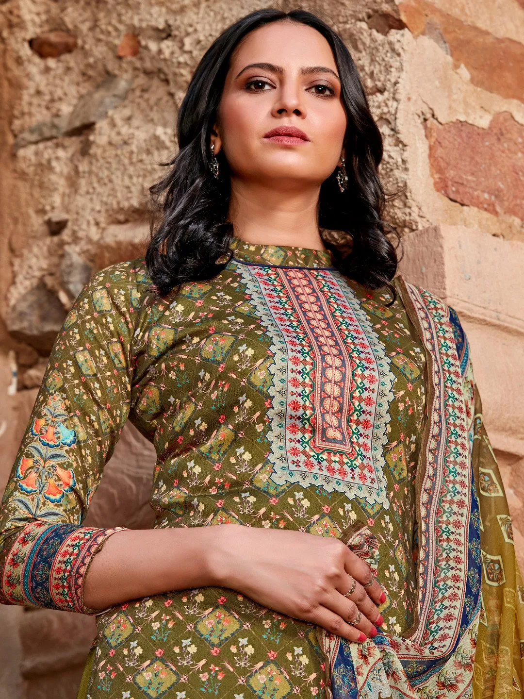 Women's Green Unstitched Cotton Suit Material with Chiffon Dupatta