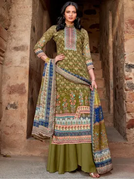 Women's Green Unstitched Cotton Suit Material with Chiffon Dupatta