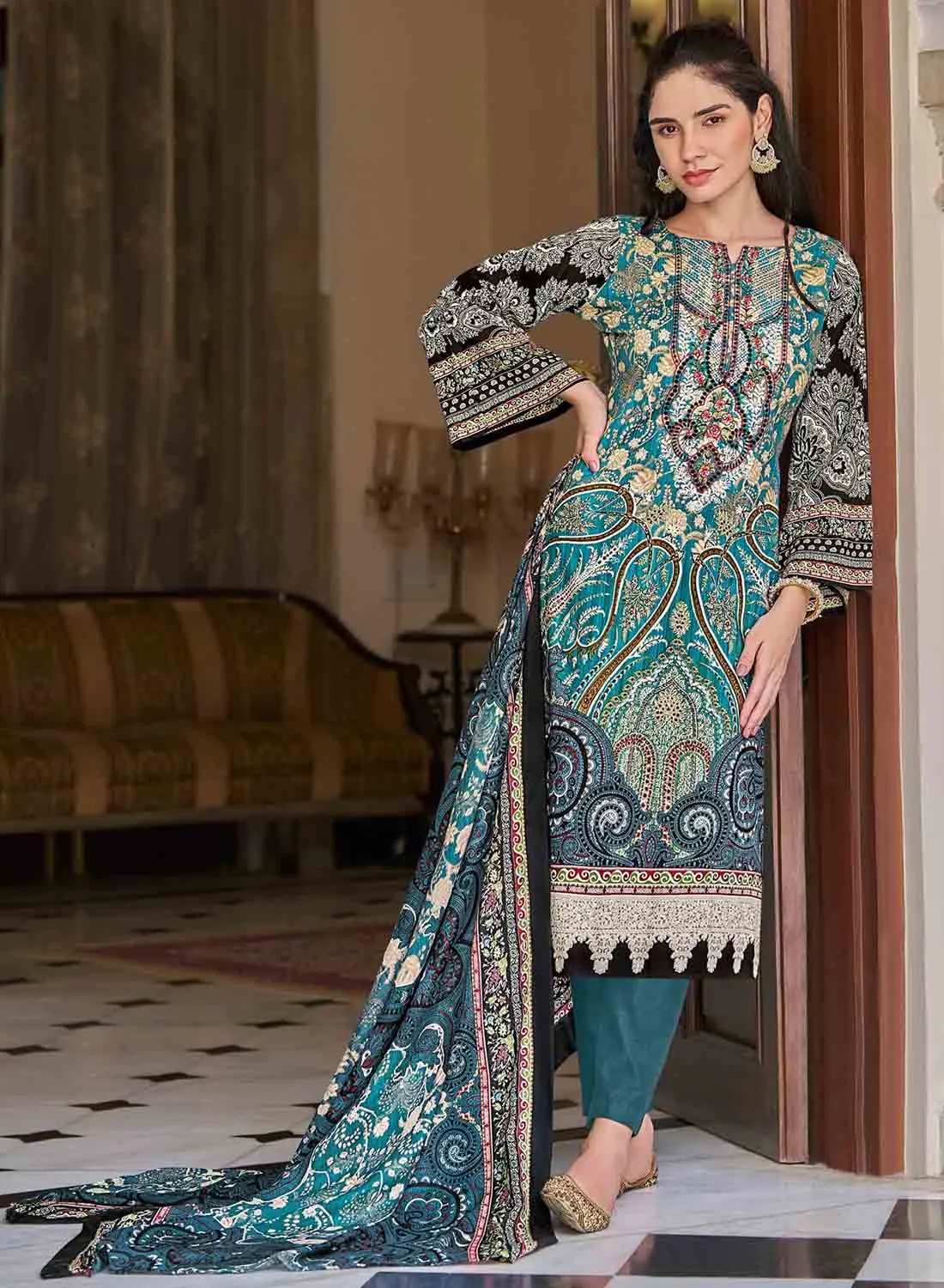 Women's Teal Pakistani Print Unstitched Cotton Suit Dress Material